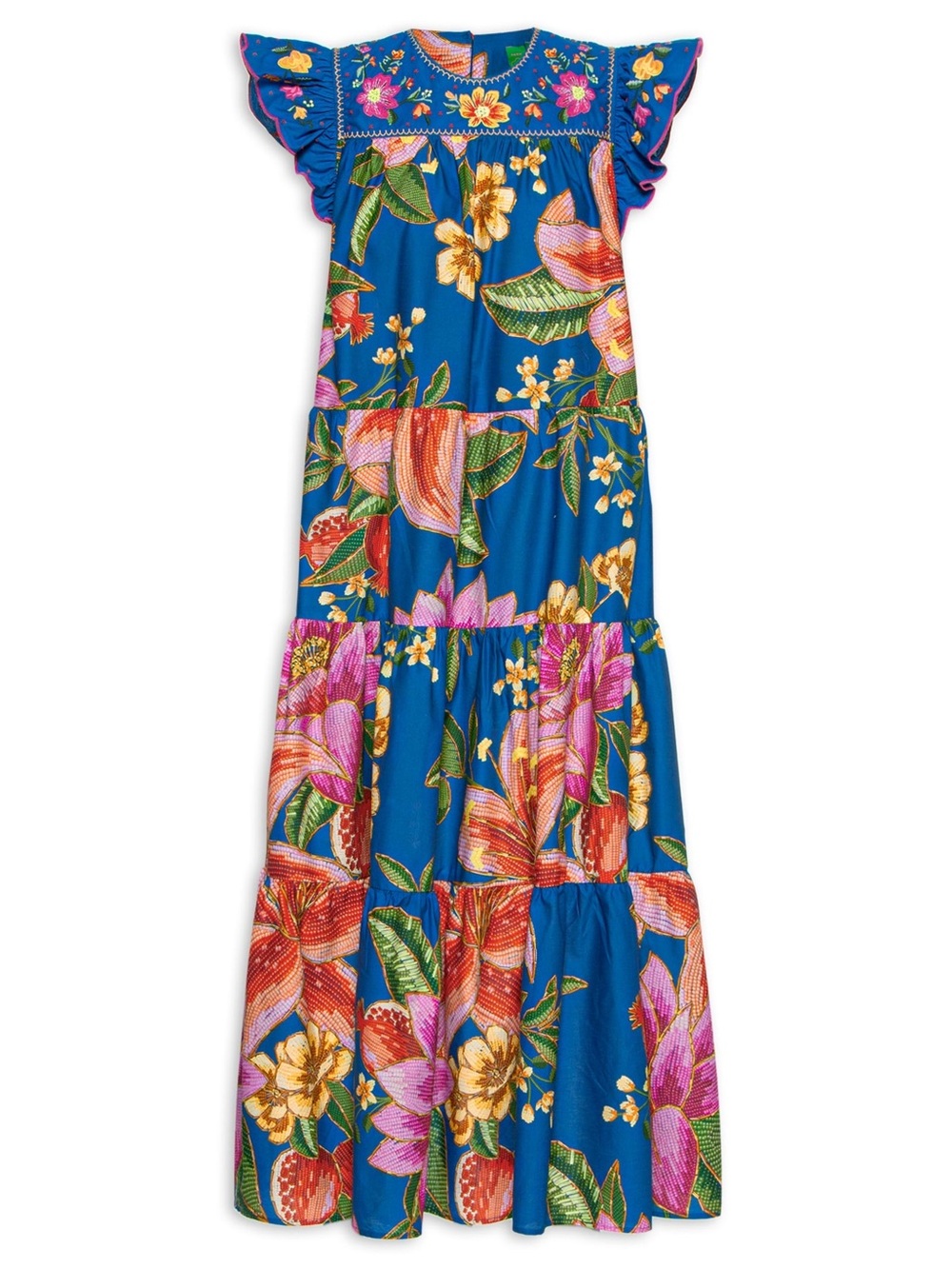 FARM Rio Blue Tropical Floral Maxi Dress with Flutter Sleeves